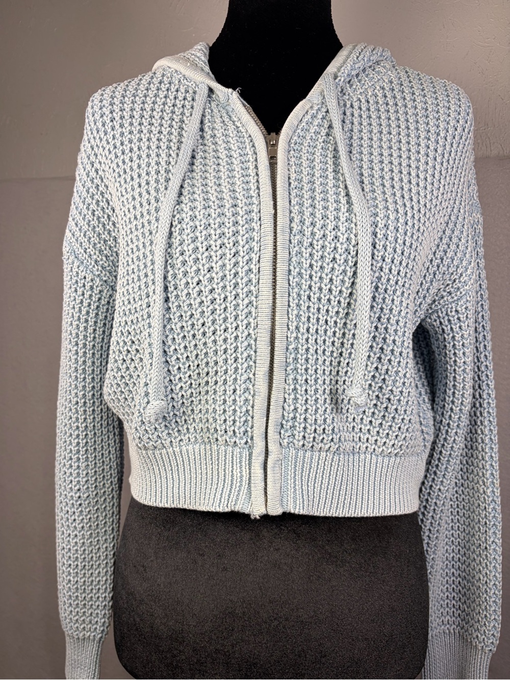 Haute Hippie Light Blue Cropped Knit Zip Hoodie Cardigan